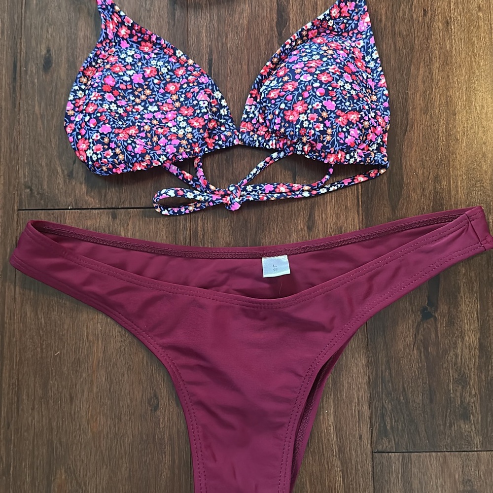 SHEIN Floral and Burgundy Bikini Set